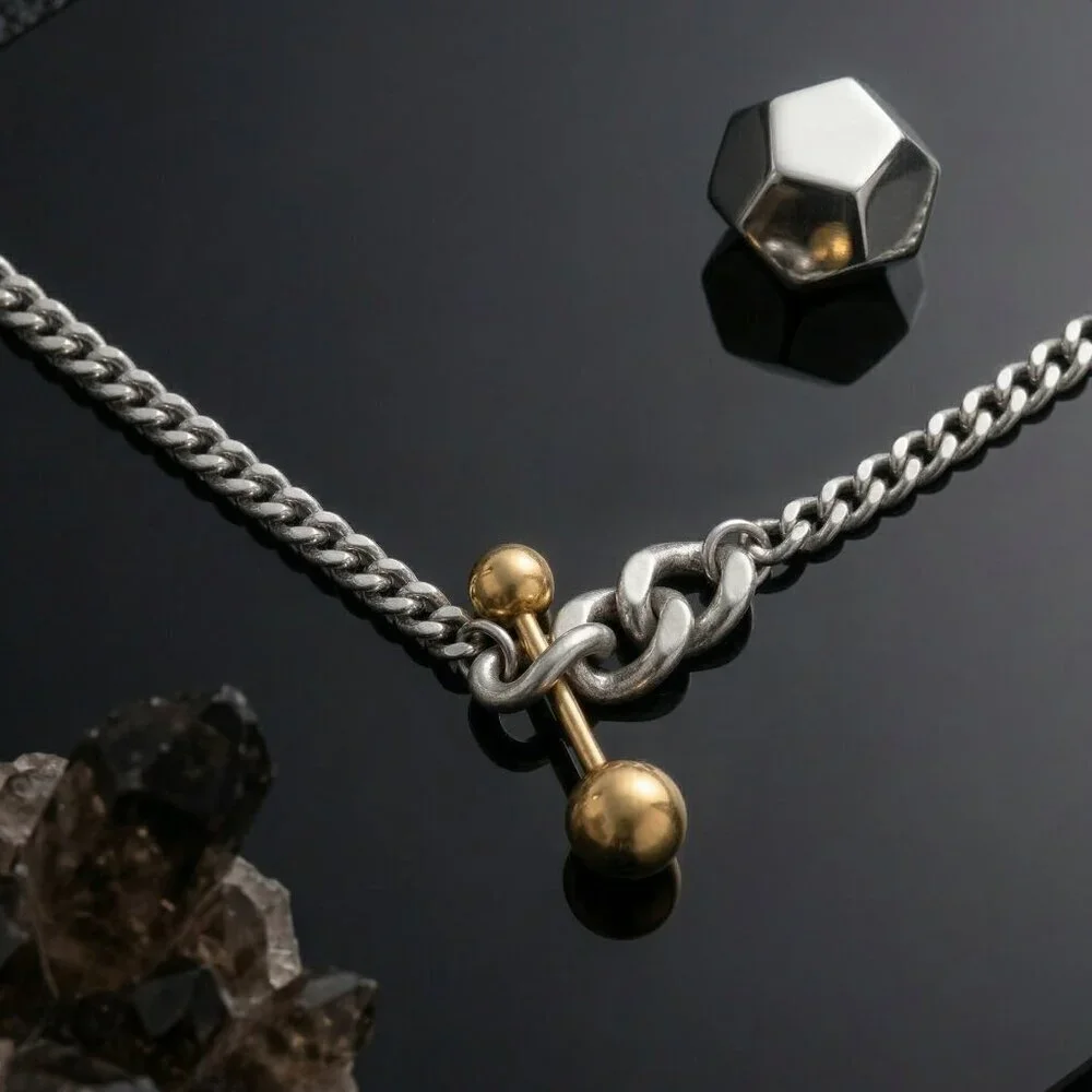 Two Tone 18K Gold Plated Stainless Steel Link Chain Necklace Ball Bar Pendant